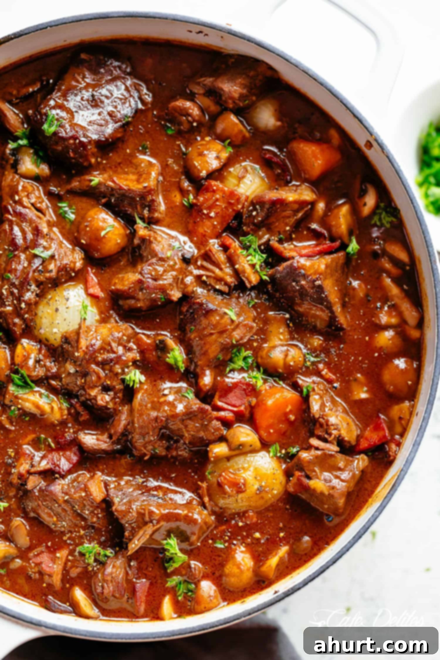 Beef Bourguignon by Julia Child 2 Tender fall apart chunks of beef simmered in a white cast iron casserole dish against a white background. Simmered in a rich red wine gravy.