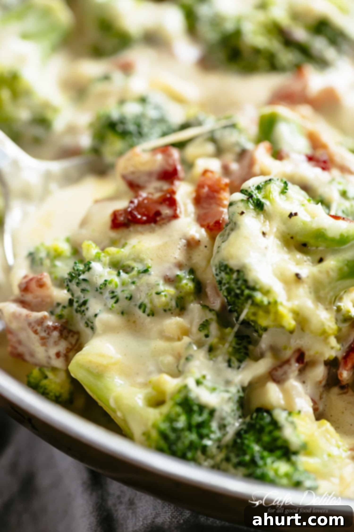 Broccoli | cafedelites.com Close up image of the bake in a skillet.