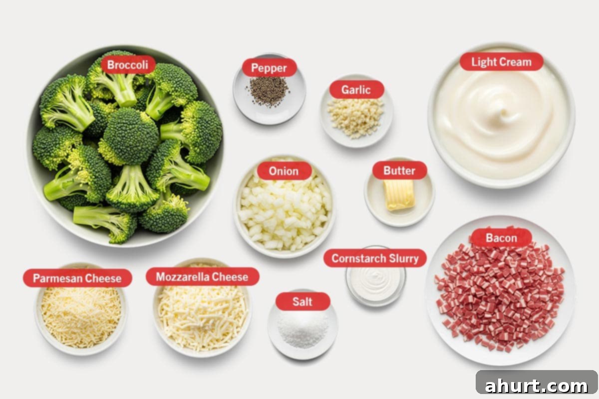 Creamy Broccoli and Bacon 3 Top shot of ingredients: Broccoli, pepper, garlic, light cream, onion, butter, parmesan cheese, mozzarella cheese, salt, cornstarch slurry, and bacon.