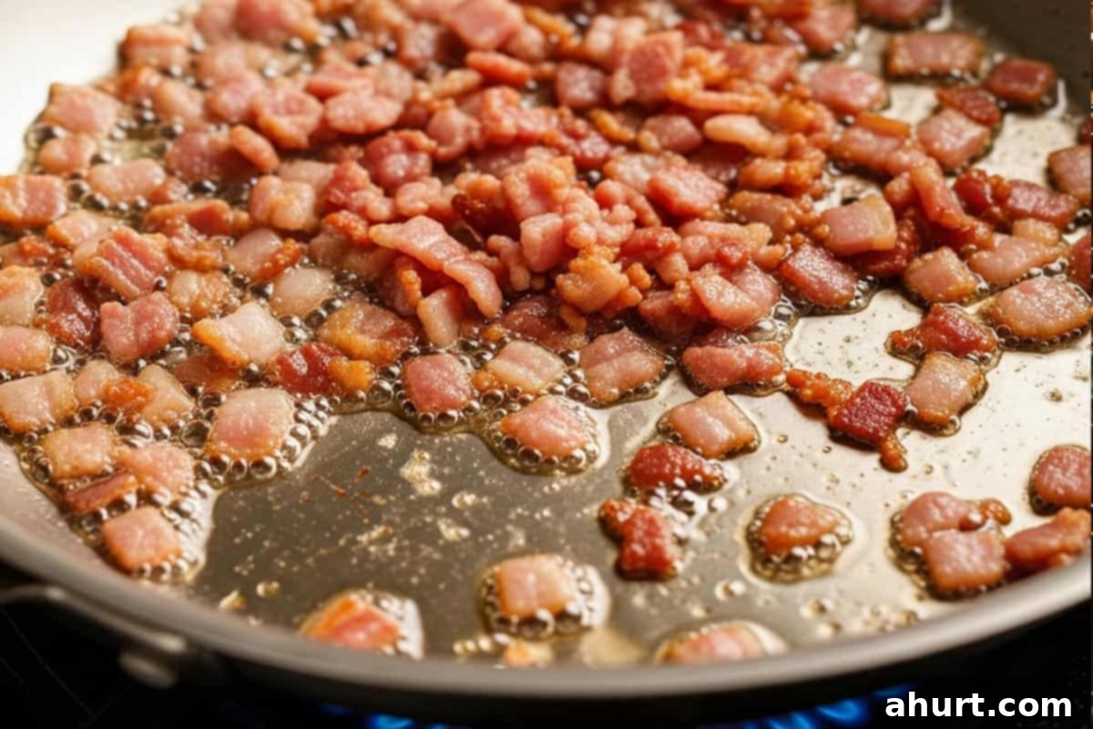Creamy Broccoli and Bacon 5 Frying the chopped bacon.