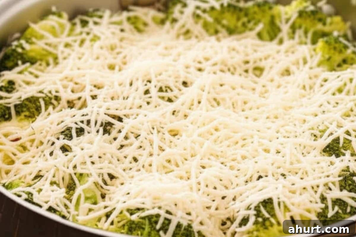 Creamy Broccoli and Bacon 10 Sprinkled the mozzarella and parmesan evenly over the top of the creamy broccoli & bacon.