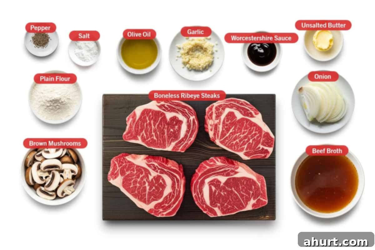 Savory Steaks with Velvety Mushroom Gravy 3 Top shot of ingredients: Pepper, salt, olive oil, garlic, Worcestershire Sauce, unsalted butter, plain flour, brown mushrooms, boneless ribeye steaks, onion, and beef broth.