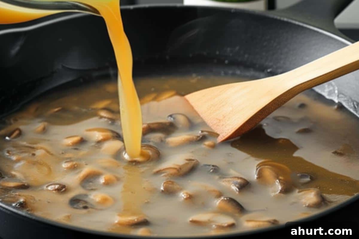 Savory Steaks with Velvety Mushroom Gravy 9 Slowly pouring in the broth to the mushroom.