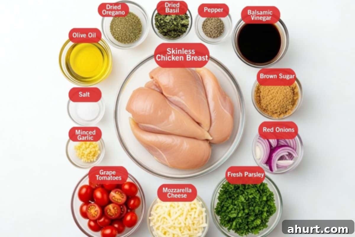 Balsamic Glazed Chicken with Melted Mozzarella 3 Flat lay photo of the ingredients for Balsamic Chicken that contains, dried oregano, dried basil, pepper, balsamic vinegar, brown sugar, sliced red onions, fresh parsley, mozzarella cheese, grape tomatoes, minced garlic, salt, olive oil