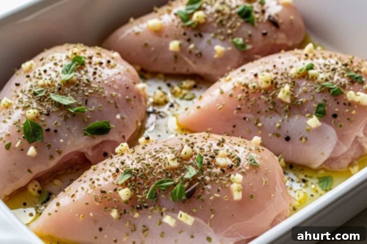 Balsamic Glazed Chicken with Melted Mozzarella 5 Place the chicken in the baking dish and drizzle with oil. Sprinkle with oregano, basil, salt, pepper and minced garlic