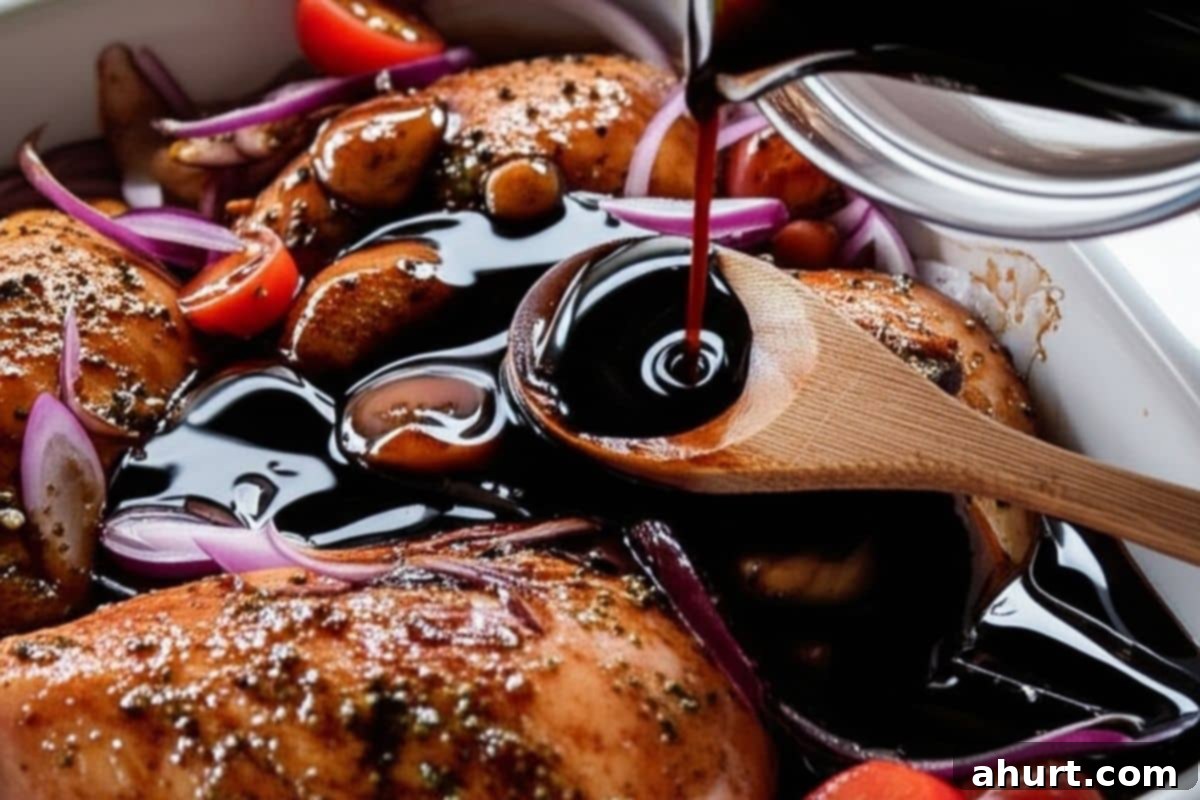 Balsamic Glazed Chicken with Melted Mozzarella 7 In a bowl, whisk together balsamic vinegar, brown sugar and the remaining garlic. Pour the mixture over the chicken