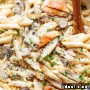 Velvet Chicken Alfredo Pasta 4 One-Pot Creamy Garlic Parmesan Chicken Alfredo with wooden spoon, showcasing the delicious homemade meal.