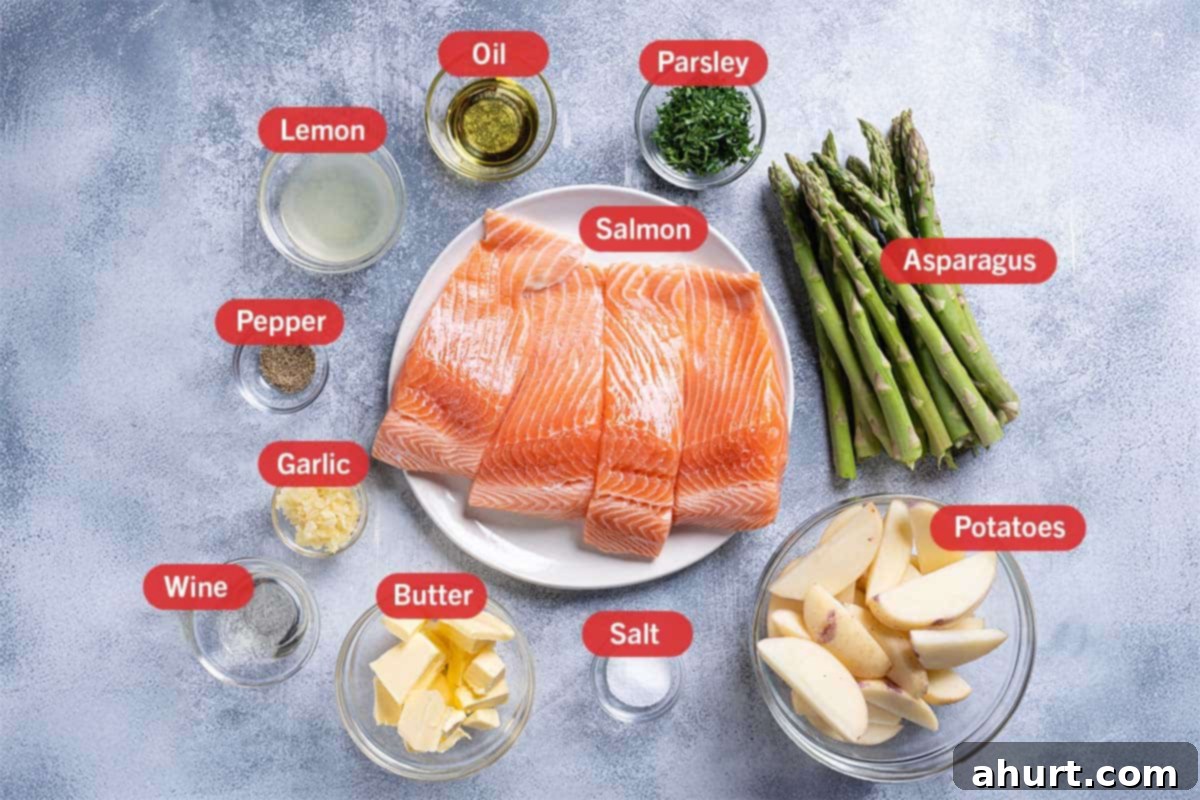 Decadent Garlic Butter Salmon 3 Ingredients needed for Garlic Butter Baked Salmon, specifically: lemon, oil, parsley, asparagi, potatoes, salt, butter, wine, garlic, and pepper.