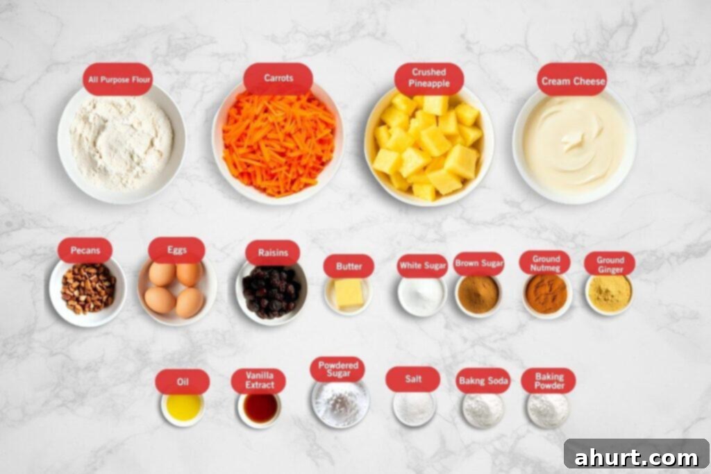 Golden Spiced Carrot Cake 3 Flatlay image of carrot cake ingredients arranged in individual bowls on a white marble surface. Ingredients include all-purpose flour, shredded carrots, crushed pineapple, cream cheese, chopped pecans, eggs, raisins, butter, white sugar, brown sugar, ground nutmeg, ground ginger, oil, vanilla extract, powdered sugar, salt, baking soda, and baking powder.