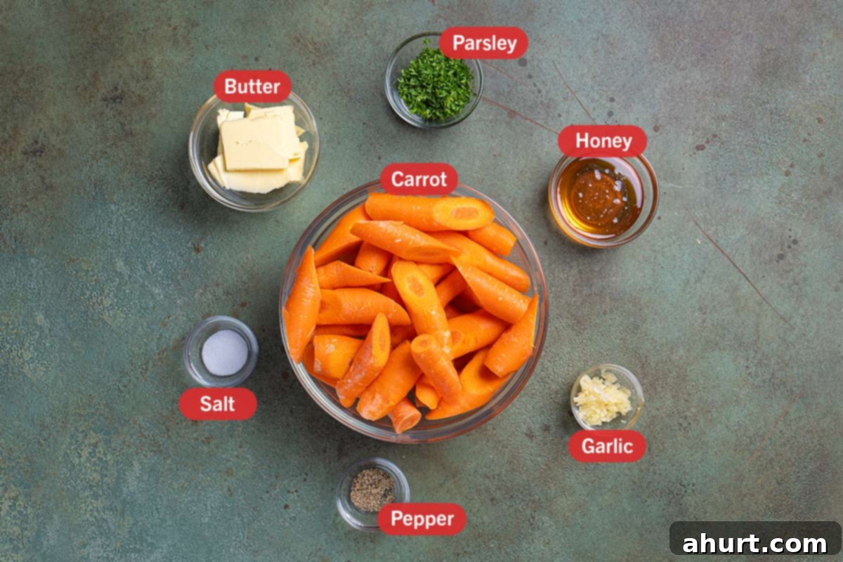 Golden Honey Garlic Butter Carrots 3 Image of the ingredients needed for the preparation of this recipe, specifically: carrots, butter, parsley, honey, garlic, salt, and pepper.
