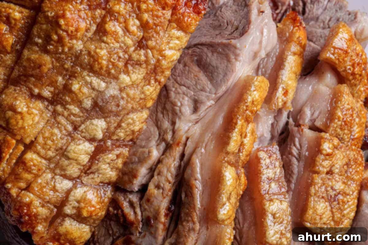 Golden Crackle Pork Roast 8 Sliced pork roast with crispy crackling, showing juicy meat, resting on a cutting board.