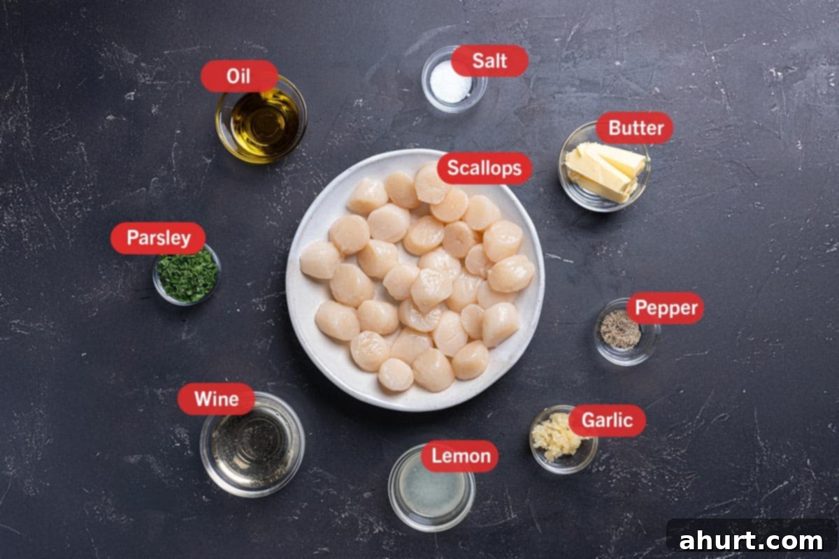 Pan-Seared Golden Garlic Butter Scallops 2 Image of the ingredients required to prepare this recipe, specifically: Scallops, Lemon, Wine, Parsley, Oil, Salt, Butter, Pepper, and Garlic
