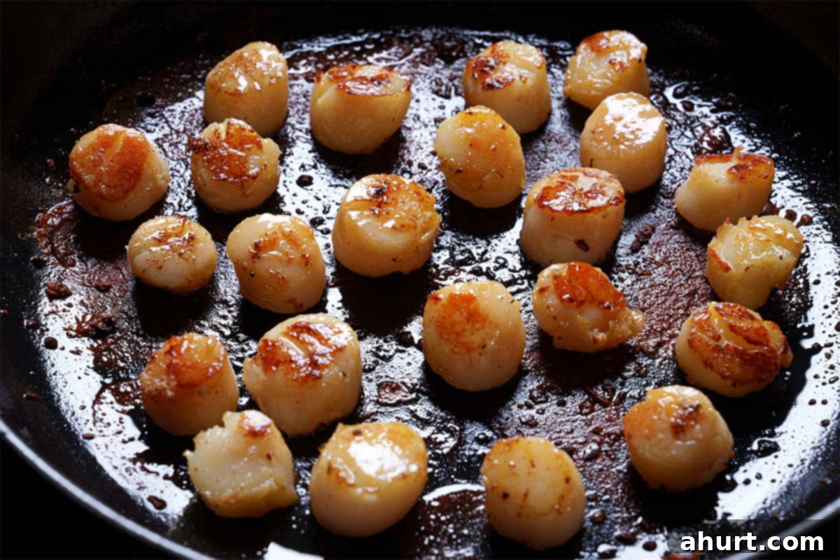 Pan-Seared Golden Garlic Butter Scallops 4 Image of scallops being fried in a pan over medium heat.