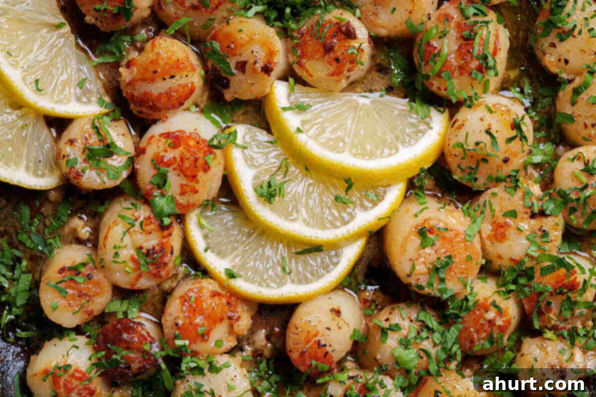 Pan-Seared Golden Garlic Butter Scallops 8 Image of scallops garnished with fresh, chopped parsley.