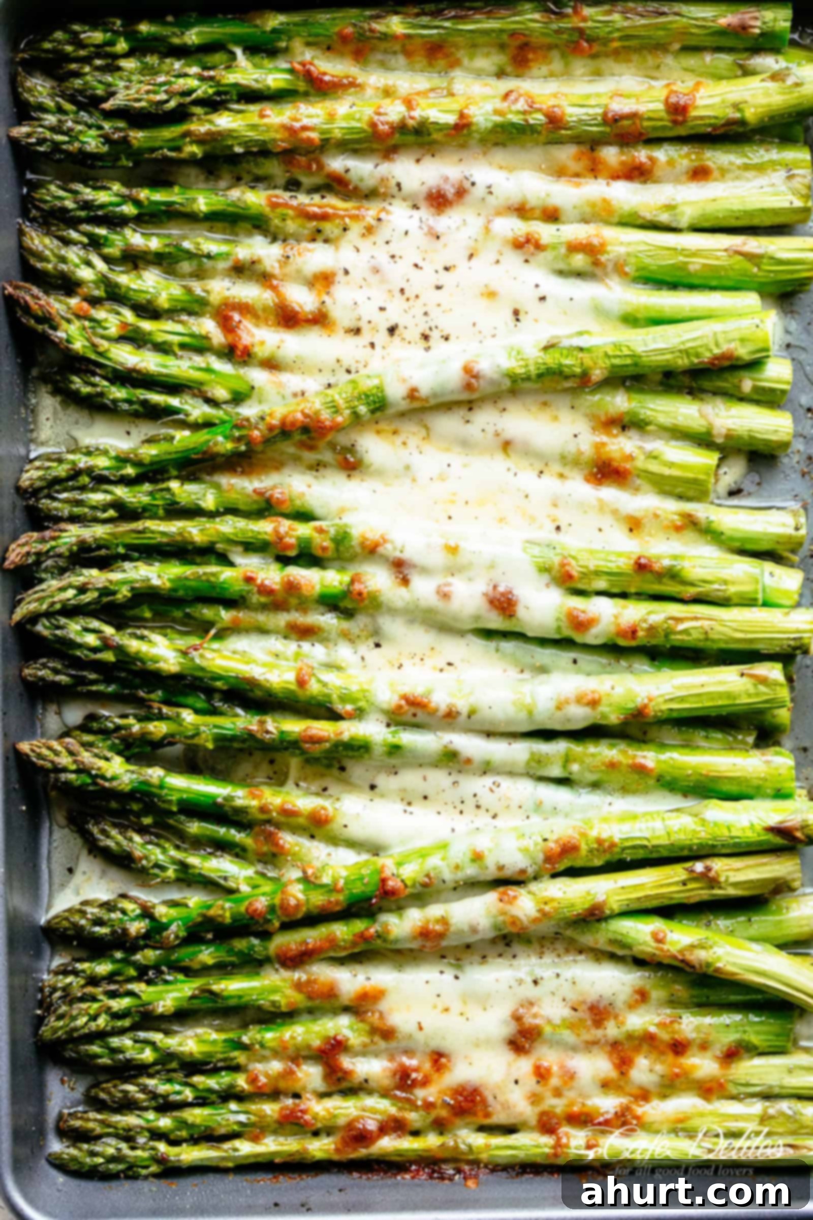 Top view of a tray full of perfectly cooked cheesy garlic roasted asparagus spears, golden brown and bubbling with melted mozzarella cheese, ready to serve.