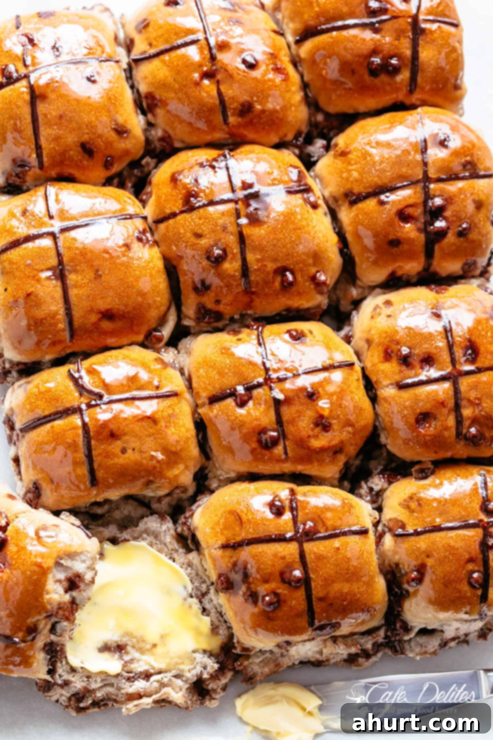 Top view of Easy Hot Cross Buns (Chocolate Chips) 