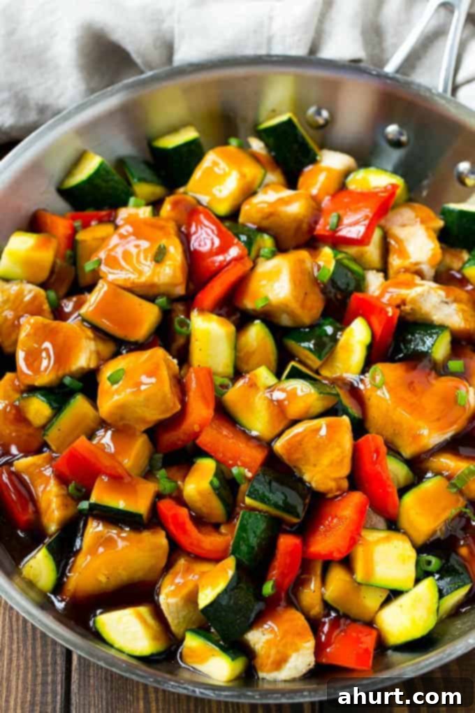 Sticky Honey Soy Chicken 2 This honey soy chicken and vegetables is chunks of chicken and colorful veggies, all topped off with a sweet and savory sauce