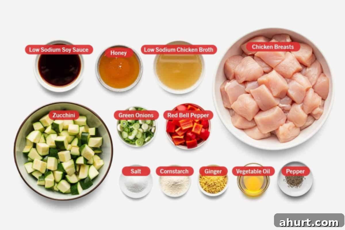 Sticky Honey Soy Chicken 3 Top shot of ingredients: Low sodium soy sauce, honey, low sodium chicken broth, chicken breasts, zucchini, green onion, red bell pepper, salt, cornstarch, ginger, vegetable oil, and pepper.