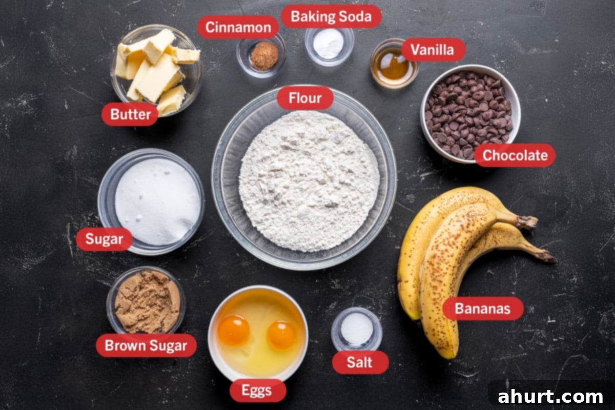 The Ultimate Chocolate Chip Banana Bread 3 image of all the ingredients required for the preparation of this recipe, specifically: flour, cinnamon, baking soda, vanilla, chocolate, bananas, salt, eggs, brown sugar, sugar, and butter.