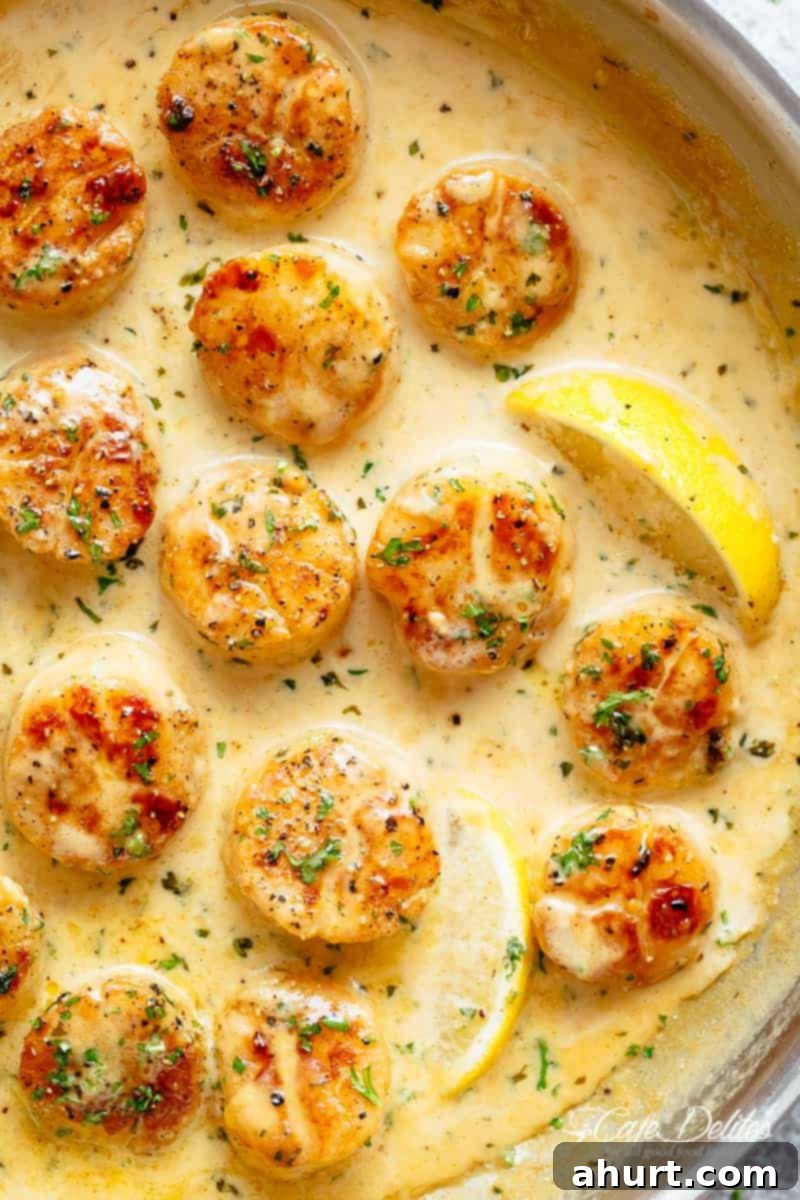 Seared Scallops with Creamy Garlic Sauce 2 Creamy Garlic Scallops glistening in a silky, creamy garlic sauce with a hint of lemon, showcasing their crispy, buttery exterior.