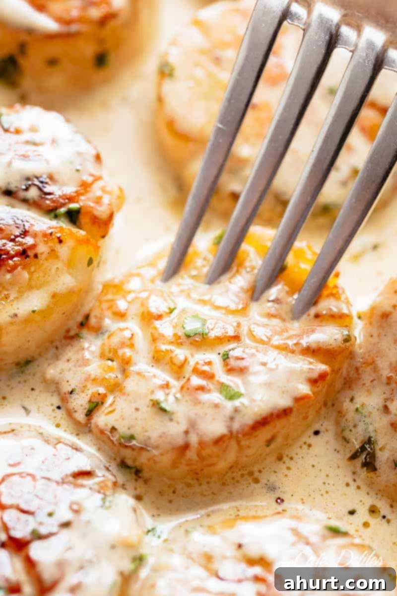 Seared Scallops with Creamy Garlic Sauce 3 A fork piercing a perfectly seared, creamy garlic scallop, showcasing its tender texture and rich sauce.
