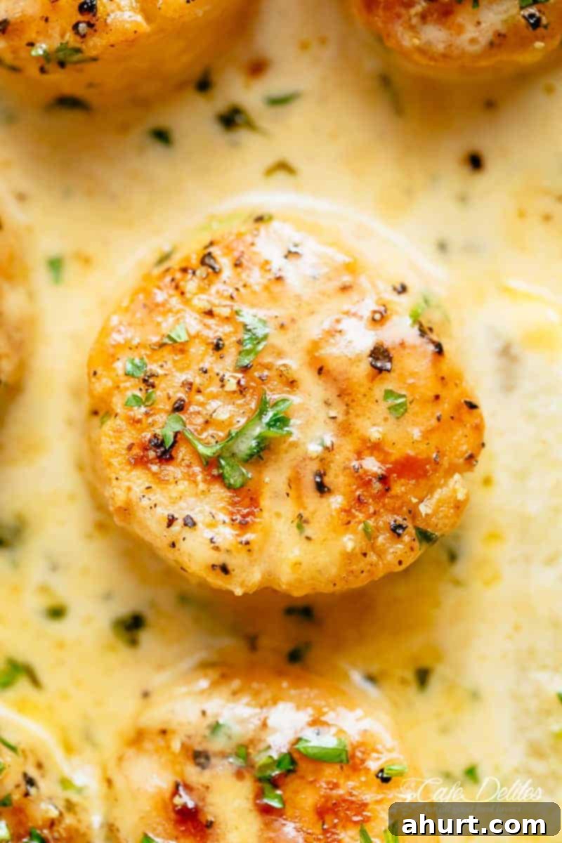Seared Scallops with Creamy Garlic Sauce 4 Top view of Creamy Garlic Scallops served in a pan, garnished with fresh parsley.