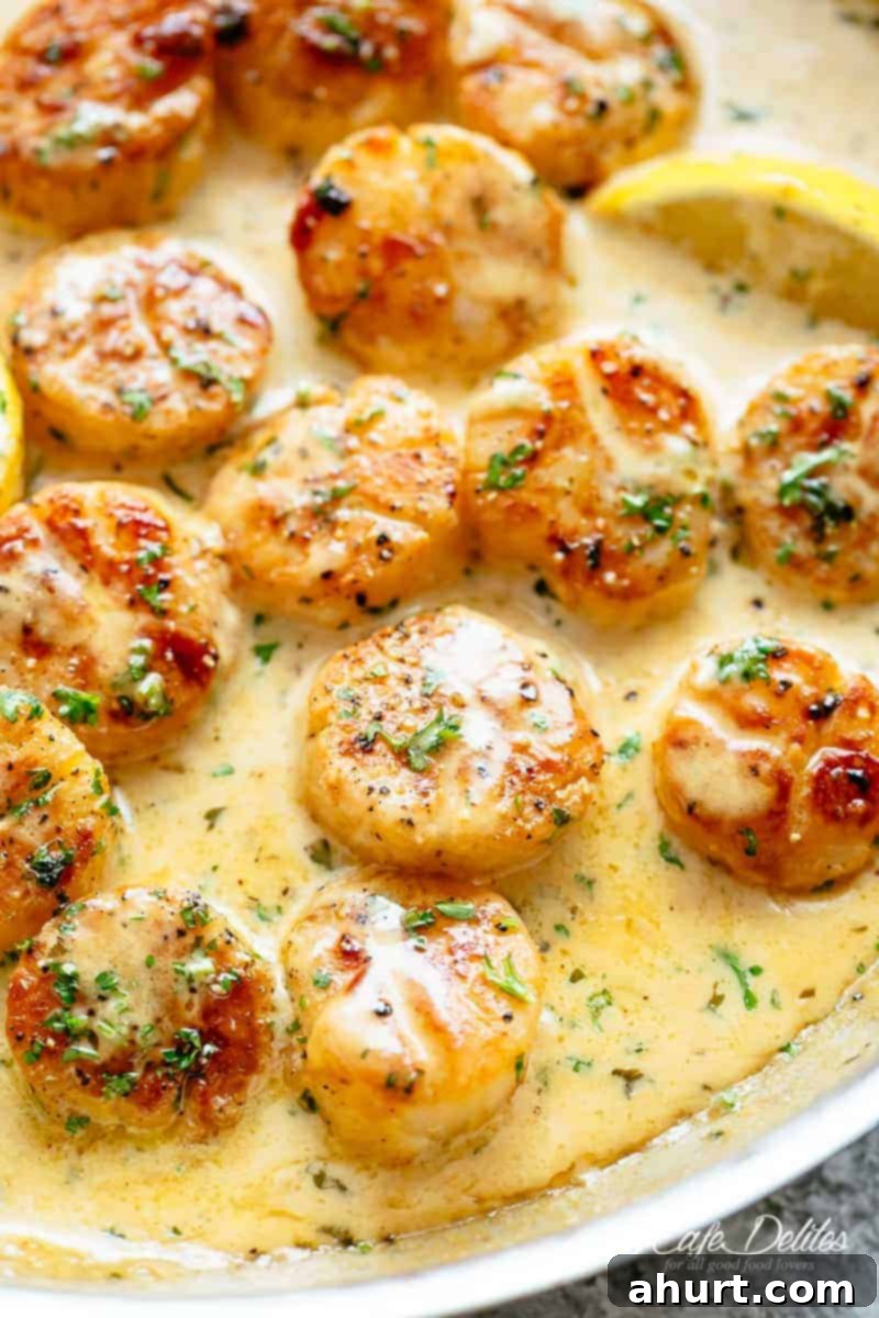 Seared Scallops with Creamy Garlic Sauce 5 Eleven pieces of Creamy Garlic Scallops perfectly seared and waiting to be sauced in a hot pan.