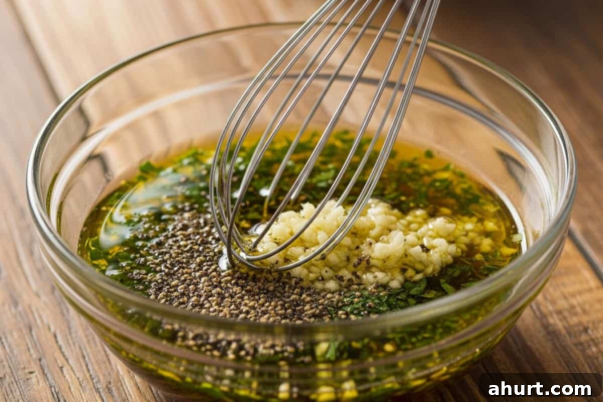 Effortless Lemon Garlic Asparagus 4 Olive oil, lemon juice, red wine vinegar, parsley, oregano, garlic, salt, and cracked pepper in a small bowl.