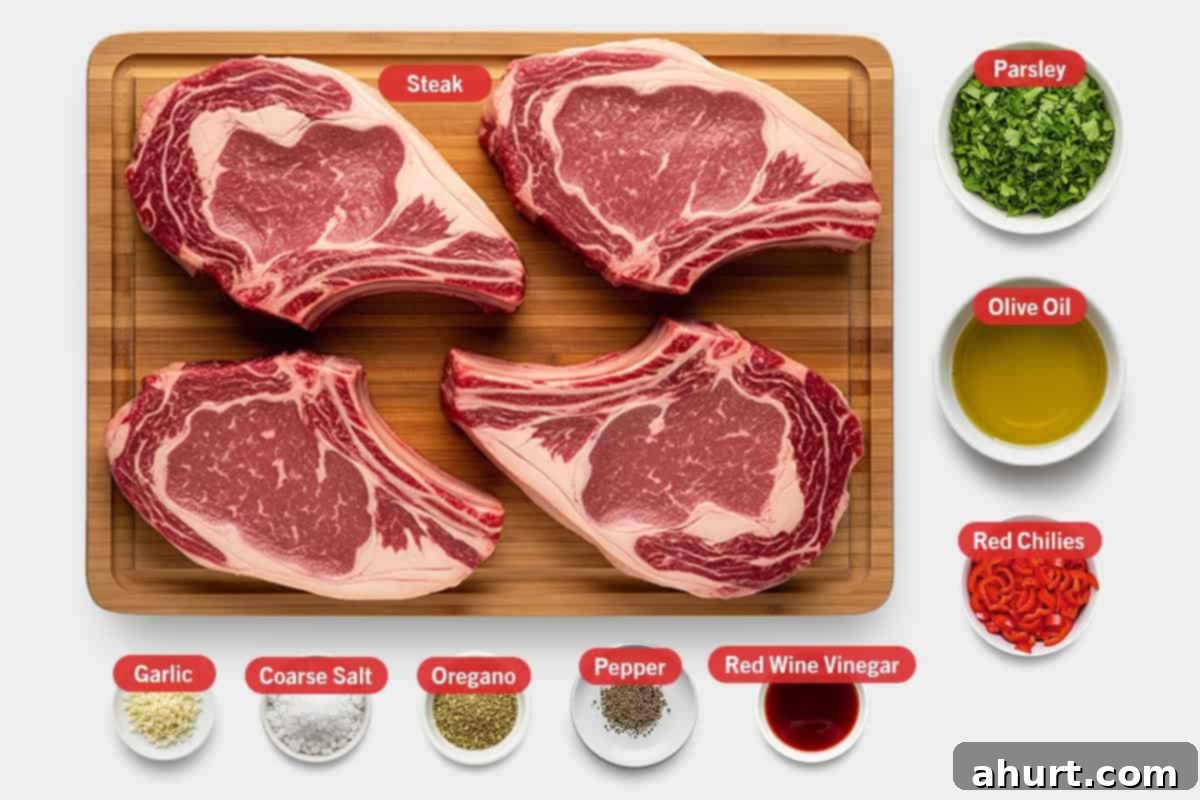 Zesty Chimichurri Steak 2 Top shot of ingredients: Steak, parsley, olive oil, red chillies, garlic, coarse salt, oregano, pepper, and red wine vinegar.