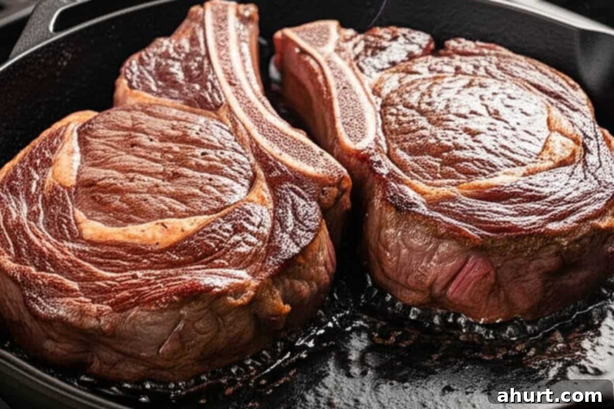 Zesty Chimichurri Steak 6 Cooking steaks in a pan.