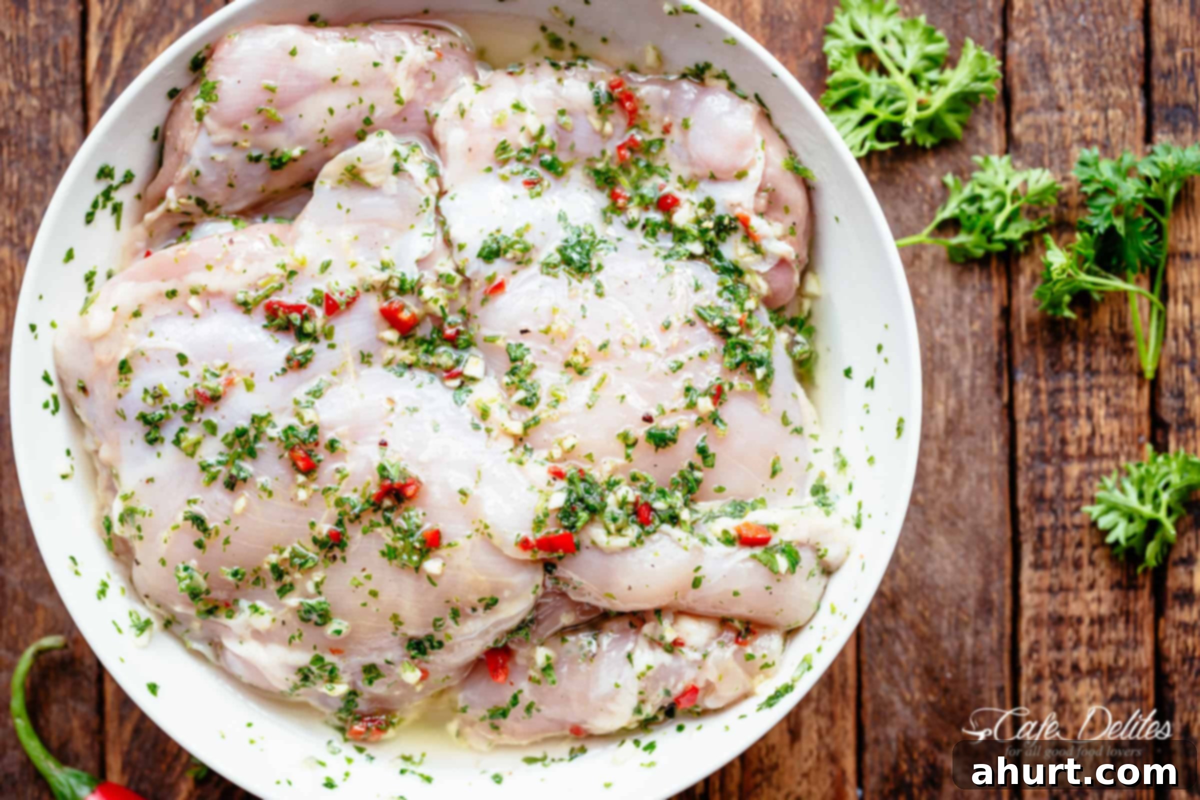 Marinated chicken in bowl for Chimichurri Chicken 