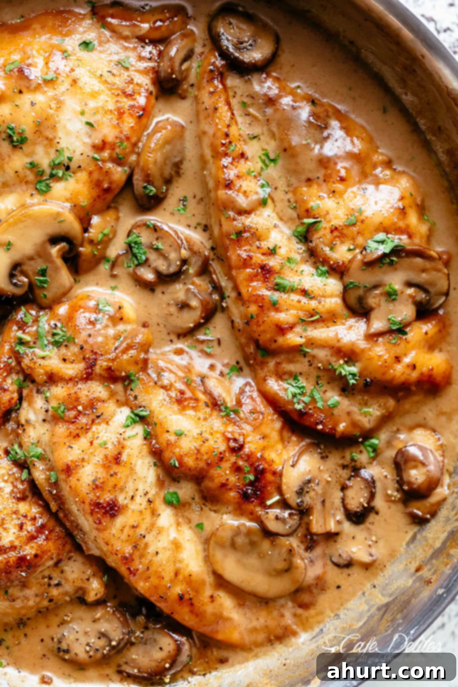 Velvety Chicken Marsala Made Simple 9 Close-up image of scrumptious Chicken Marsala, bathed in a thick, creamy sauce with mushrooms and sprinkled with fresh parsley.