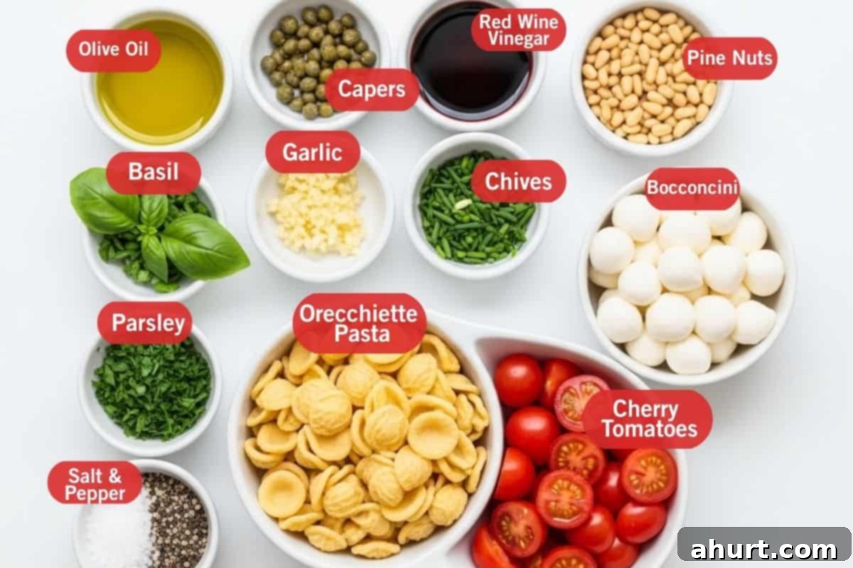 Fresh Caprese Pasta Salad 2 Flat lay photo showcasing all the fresh ingredients for Caprese pasta salad: olive oil, capers, red wine vinegar, pine nuts, fresh basil, minced garlic, chives, bocconcini mozzarella, parsley, orecchiette pasta, cherry tomatoes, salt, and pepper.