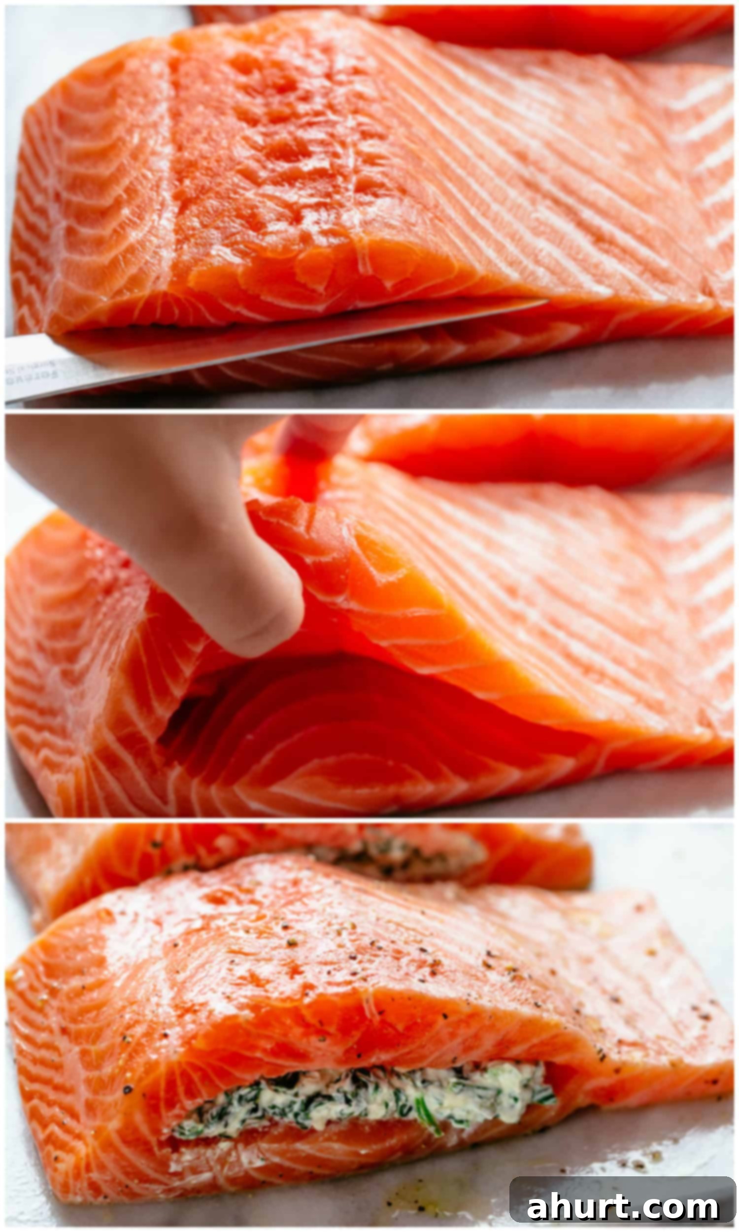 How To Stuff Salmon | cafedelites.com How to make creamy spinach stuffed salmon in a collage showing how to slice a pocket into the side of a salmon and stuff it with creamed spinach