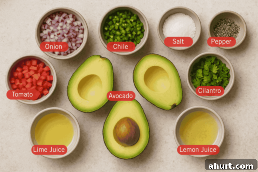Crafting Irresistible Guacamole 2 A flatlay image of labeled guacamole ingredients in small bowls arranged on a light surface. Visible ingredients include chopped red onion, diced tomato, green chile, chopped cilantro, salt, cracked black pepper, lime juice, lemon juice, and three halved ripe avocados in the center.