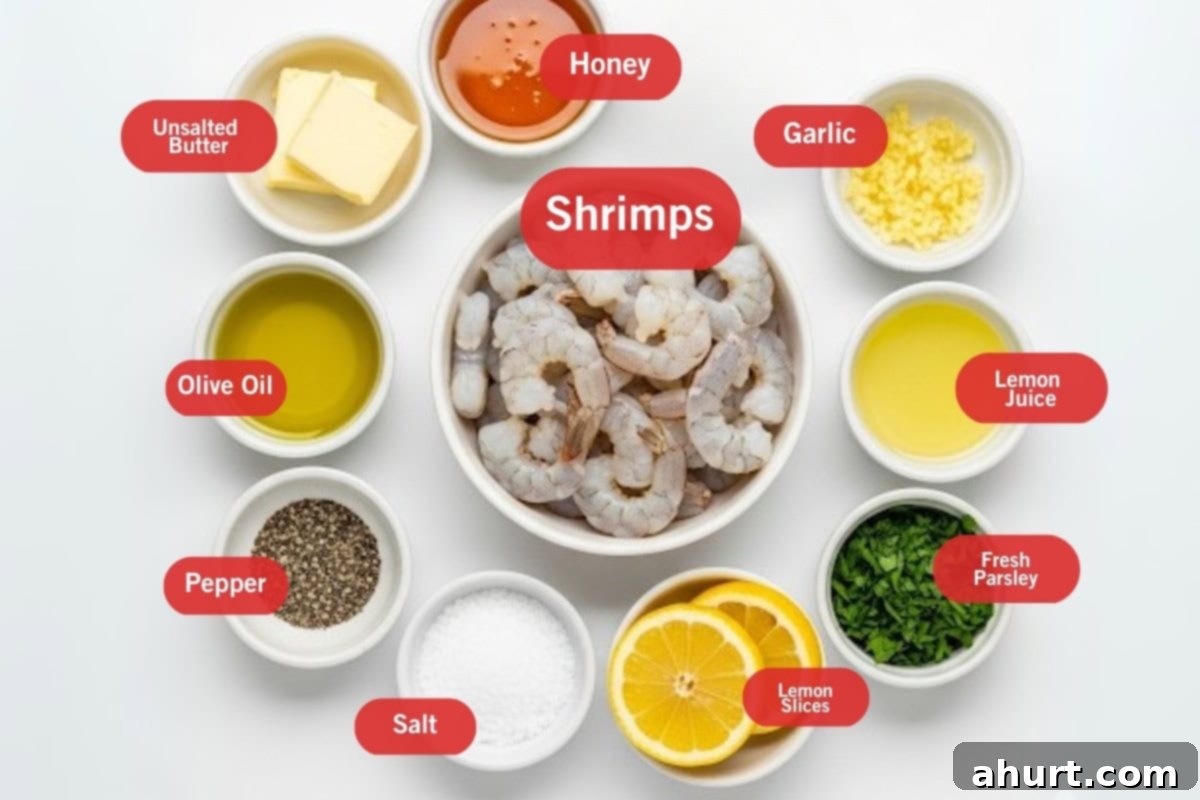 Honey Garlic Shrimp 3 Flat lay photo of ingredient shot of unsalted butter, honey, garlic, shrimps, lemon juice, fresh parsley, lemon slices, salt, pepper, olive oil