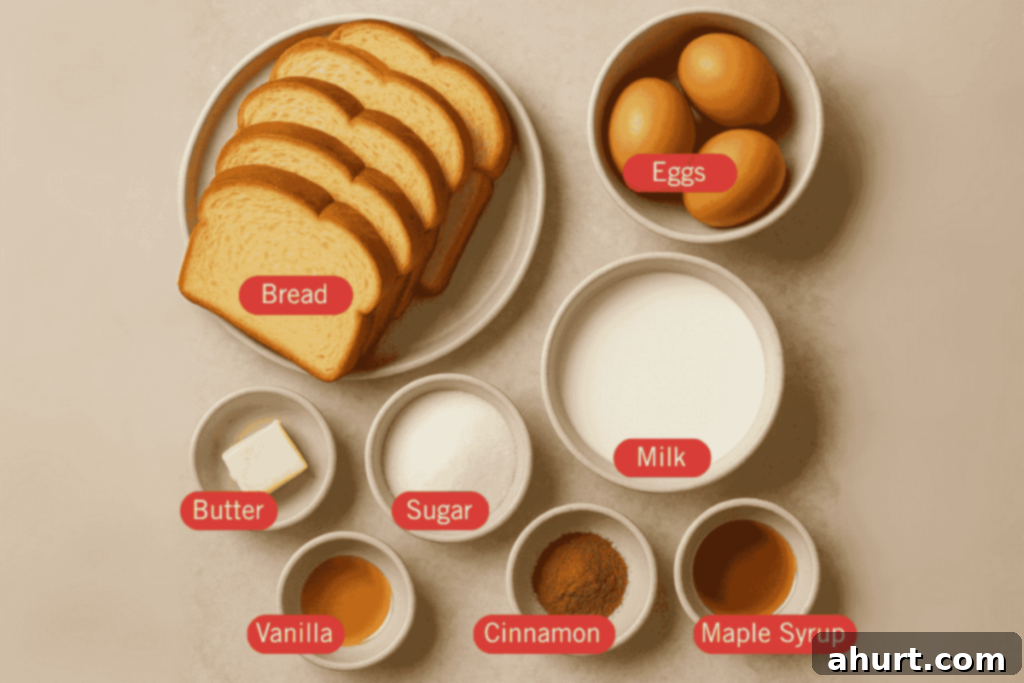 French Toast Perfection 3 Labeled flatlay image of French toast ingredients arranged in small bowls on a neutral surface. The items include slices of brioche bread, eggs, milk, butter, sugar, vanilla extract, ground cinnamon, and maple syrup, each clearly marked with red text labels.