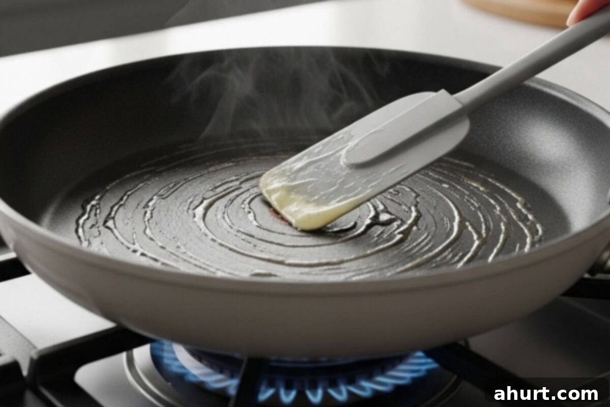 French Toast Perfection 4 Step 1: Pan preheating and greasing for French toast.