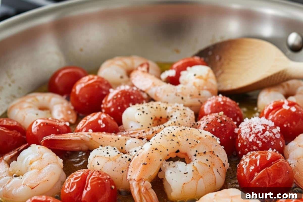 Creamy Pesto Alfredo Shrimp 3 Shrimp and tomatoes, seasoned with salt and pepper in a skillet.