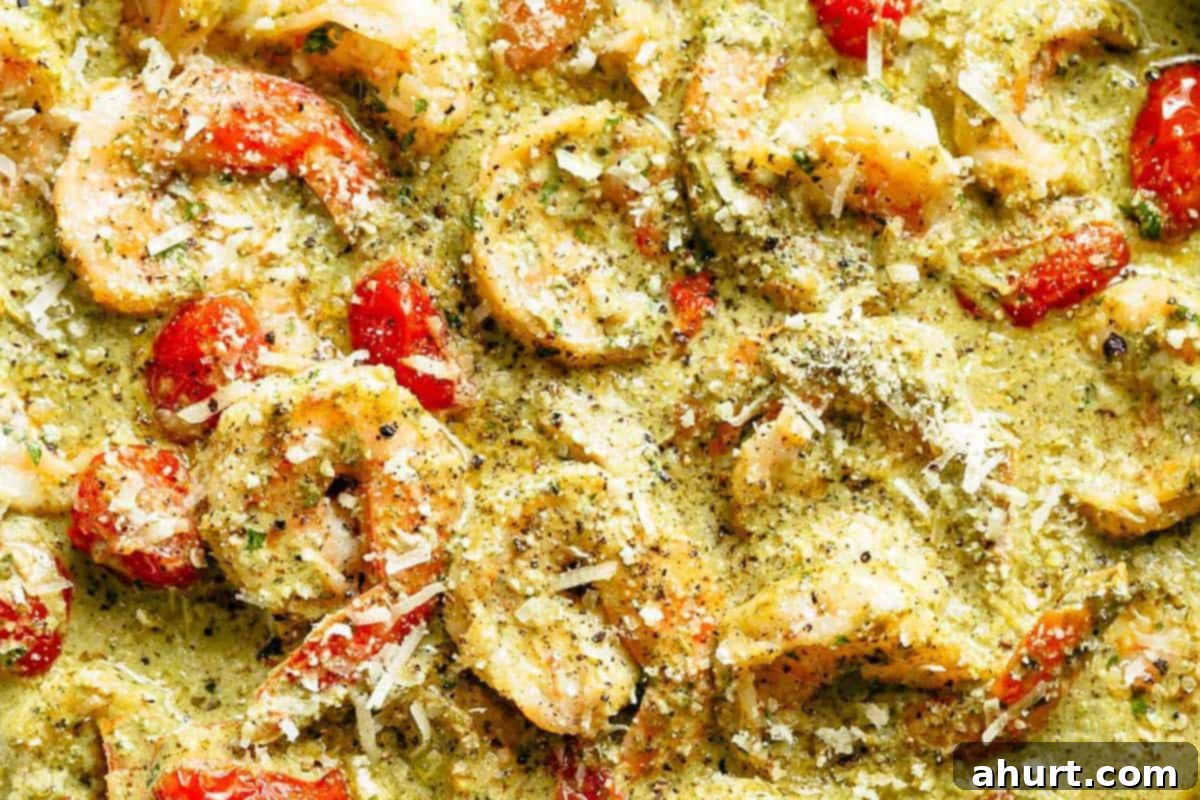 Creamy Pesto Alfredo Shrimp 8 Close-up shot of Pesto Alfredo Shrimp.