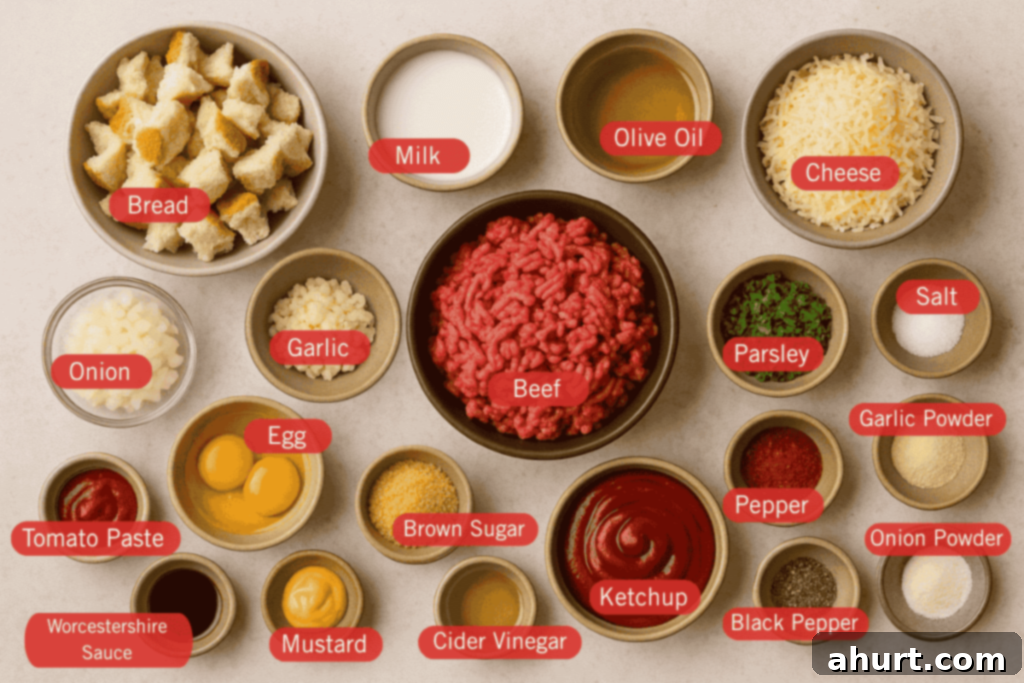 Perfect Homemade Meatloaf 2 A labeled flatlay image of meatloaf ingredients in small, individual bowls arranged neatly on a light surface. Labels identify each ingredient: bread, milk, olive oil, shredded cheese, ground beef, onion, garlic, egg, parsley, salt, garlic powder, pepper, onion powder, black pepper, ketchup, cider vinegar, brown sugar, mustard, Worcestershire sauce, and tomato paste.