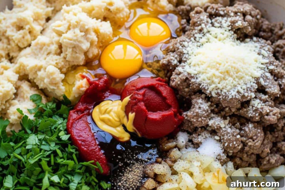 Perfect Homemade Meatloaf 5 Mashed bread, beef, parmesan, eggs, parsley, tomato paste, Worcestershire sauce, mustard, salt, pepper, and sautéed onion in a bowl.