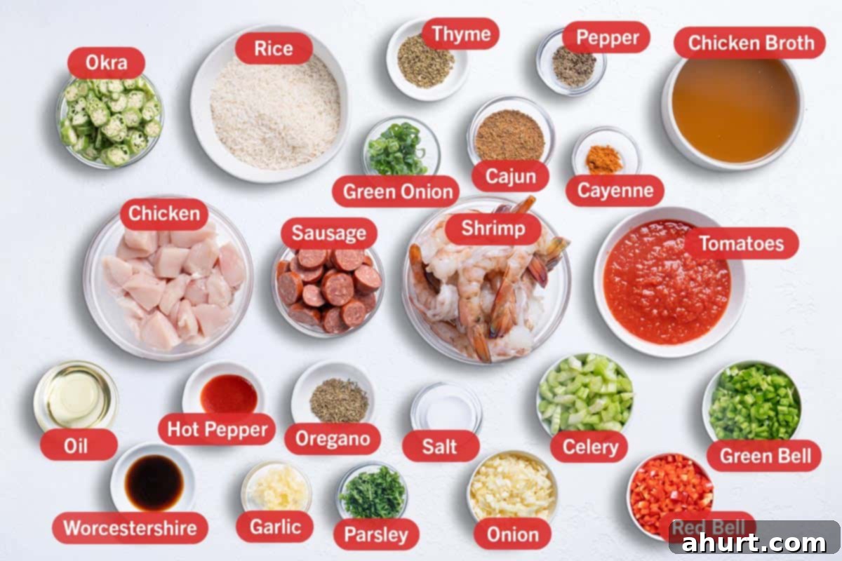 Soulful Creole Jambalaya 2 Image of the ingredients needed for the preparation of this recipe, specifically: Okra, rice, thyme, green onion, cajun, pepper, cayenne, chicken broth, chicken, sausage, shrimp, tomatoes, oil, hot pepper, worcestershire, garlic, oregano, parsley, salt, onion, celery, red bell and green bell.