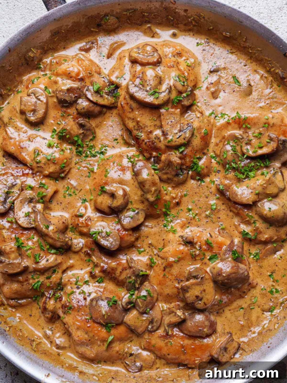 Creamy Mushroom Garlic Chicken Thighs 2 Chicken Thighs With Creamy Mushroom Sauce garnished with parsley in a pan