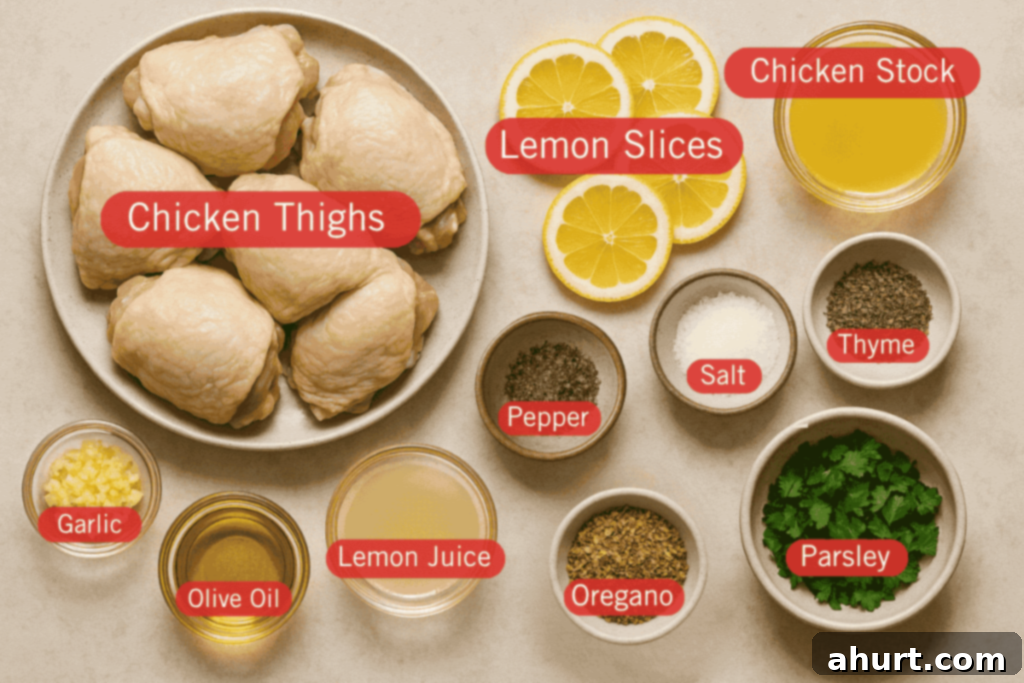 Golden Lemon Chicken 2 A labeled flatlay image of ingredients for lemon chicken. At the center is a plate of raw chicken thighs. Surrounding it are labeled bowls containing garlic, olive oil, lemon juice, oregano, parsley, thyme, salt, pepper, and chicken stock. At the top right are several fresh lemon slices, also labeled.