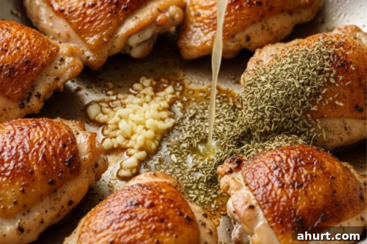 Golden Lemon Chicken 5 Push the chicken on the side and sauté garlic in the pan. Pour in the chicken stock and lemon juice and mix in oregano and thyme.