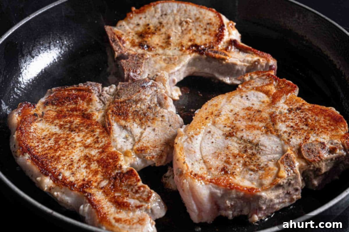 Quick Beef Noodle Stir-fry 6 Brown, seared pork chops sizzling in a pan.