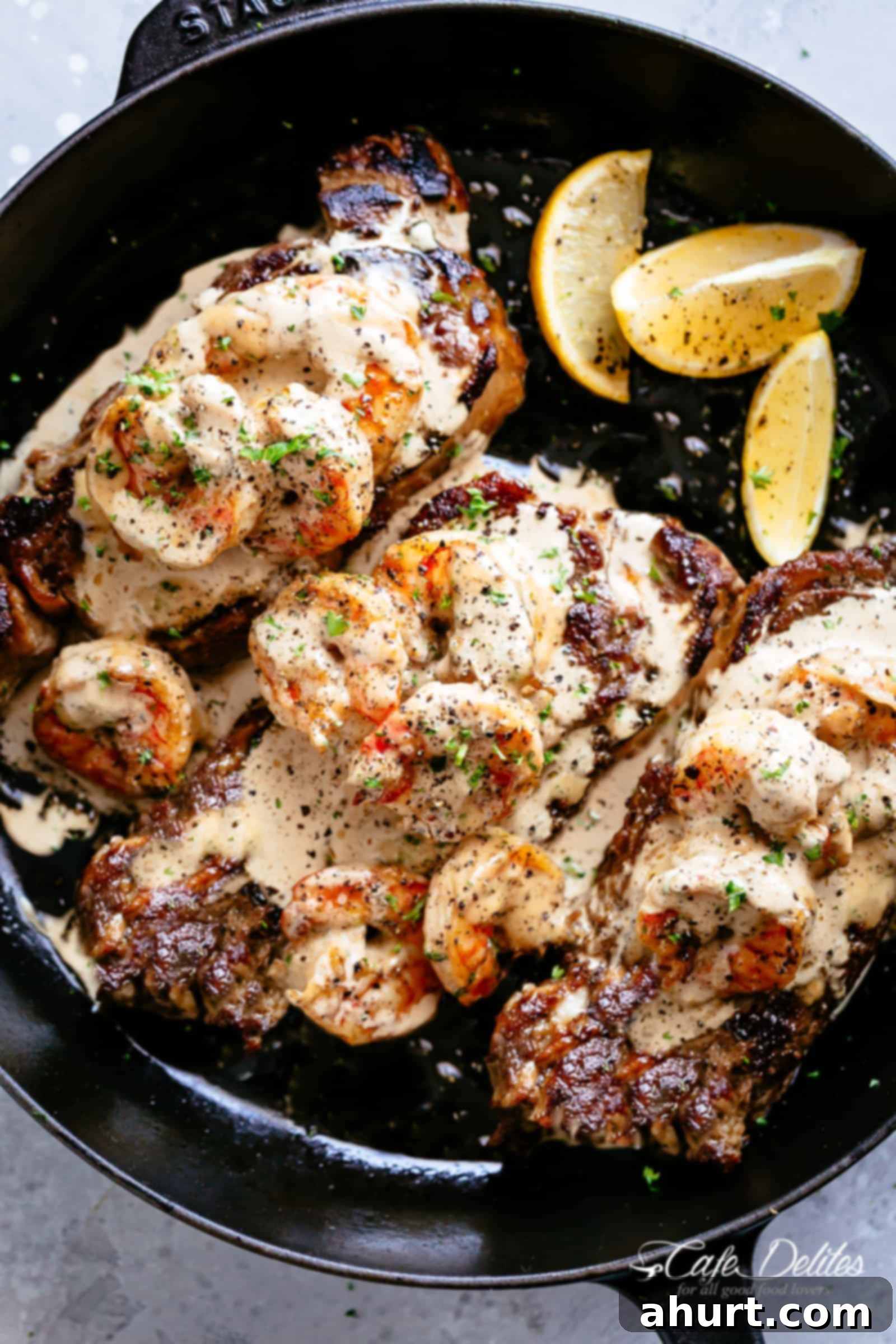 Land and Sea Feast 2 Steak And Creamy Garlic Shrimp with lemon wedges