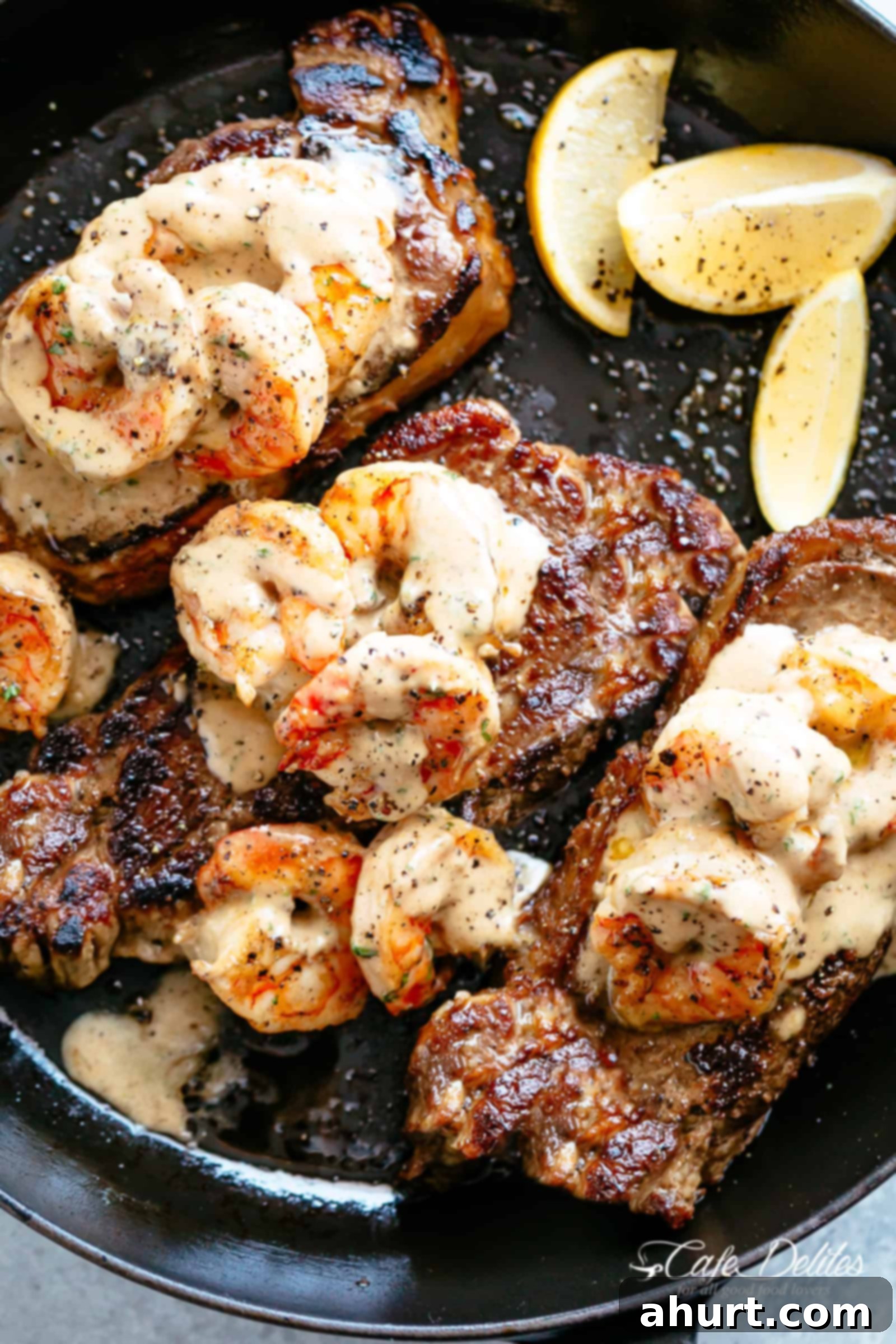 Low Carb Steak | cafedelites.com Steak And Creamy Garlic Shrimp on a pan