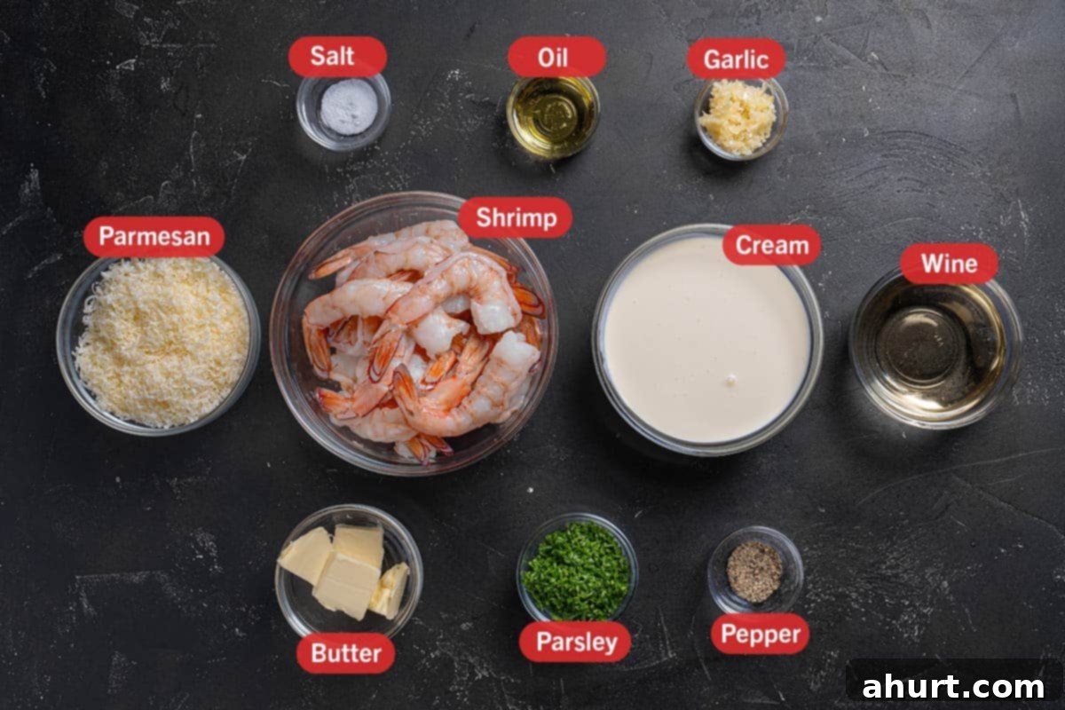 Luscious Low Carb Creamy Garlic Parmesan Shrimp 2 Image of the needed ingredient. specifically: Parmesan, shrimp, cream, wine, butter, parsley, pepper, salt, oil, garlic.